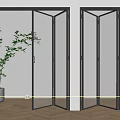 Modern Glass Folding Doors With Black Frame In Interior With Green Plants And Wooden Floor