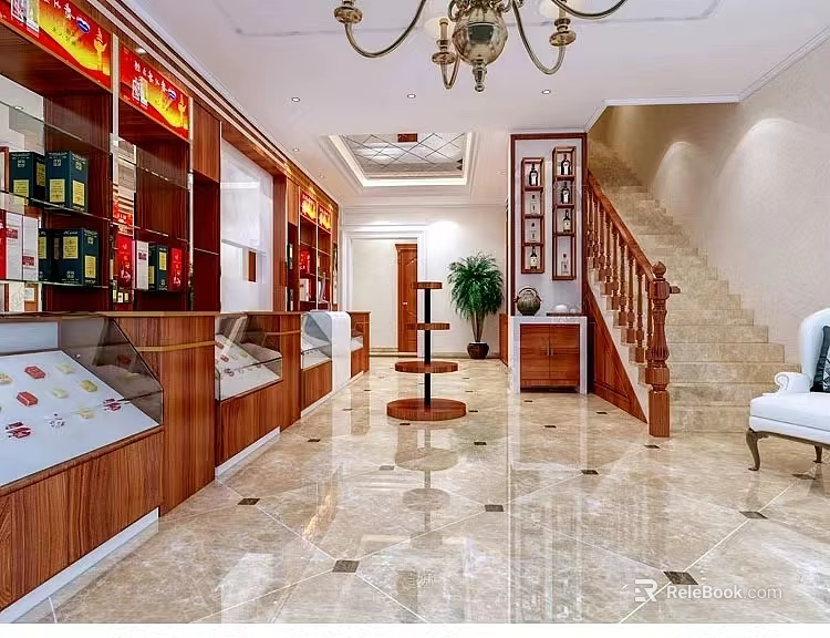 Liquor and Tobacco Store Interior with Wooden Counters Display Cabinets and Marble Flooring 3d model 