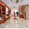 Liquor and Tobacco Store Interior with Wooden Counters Display Cabinets and Marble Flooring
