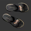Black Crisscross Strap Slippers With Red White Orange Stripes And Woven Sole