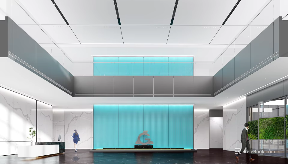 Sleek Modern Corporate Office Reception Lobby With Turquoise Accent Wall And Polished Marble Interior Design 3d model 