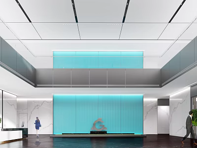 Sleek Modern Corporate Office Reception Lobby With Turquoise Accent Wall And Polished Marble Interior Design 3d model