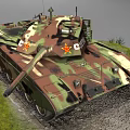 Chinese Military Tank With Camouflage Paint Red Star Insignia Turret Gun on Grass Dirt Terrain