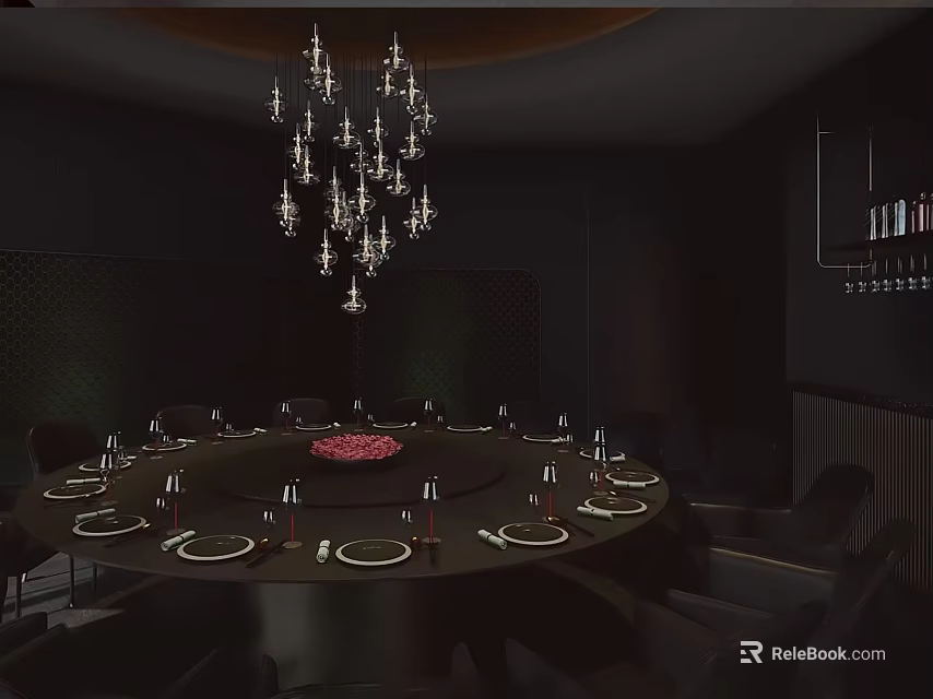 Elegant Private Dining Room With Round Dining Table Chandelier Tableware And Chairs Setup 3d model 