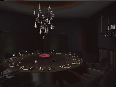 Elegant Private Dining Room With Round Dining Table Chandelier Tableware And Chairs Setup 3d model