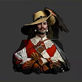 Man In Traditional Costume Wide Brim Hat Curly Hair Red White Tunic Cloak Gray Background