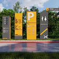 Garden Ornaments Featuring Yellow Grey Signage Parking Symbol Greenery And Red Brick Path