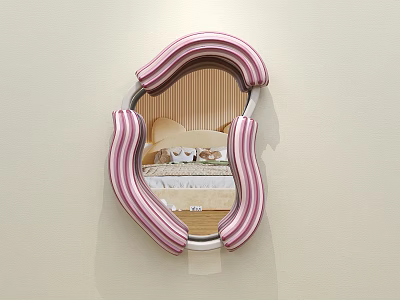Pink And White Striped Curved Mirror Reflecting Bedroom Interior With Bed 3d model