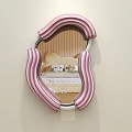 Pink And White Striped Curved Mirror Reflecting Bedroom Interior With Bed