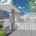 Modern Building Exterior Wall With Gray Stone Columns White Fence And Pedestrians At Entrance