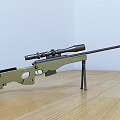 Green and Black Sniper Rifle With Scope And Tripod Stand On Wooden Floor