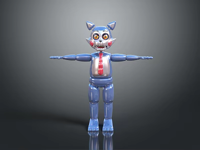 Shiny Blue Metallic Cat Figure With Red Tie And Outstretched Arms 3d model