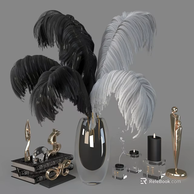 Elegant Decorative Ornament Set With Black And White Feathers Vase And Golden Figures 3d model 