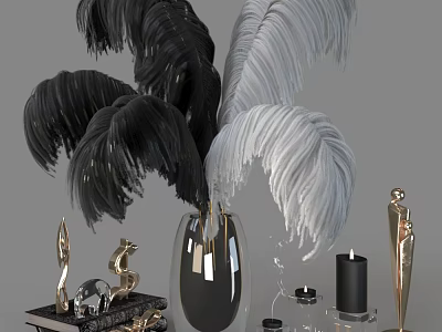 Elegant Decorative Ornament Set With Black And White Feathers Vase And Golden Figures 3d model