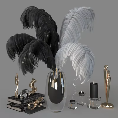 Elegant Decorative Ornament Set With Black And White Feathers Vase And Golden Figures 3d model