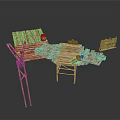 Rustic Wooden Platform Structure With Plank Roof Supports And Small Items