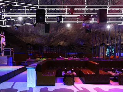 Modern Bar Interior With Stage Leather Sofas Colorful Lighting And Sound System 3d model