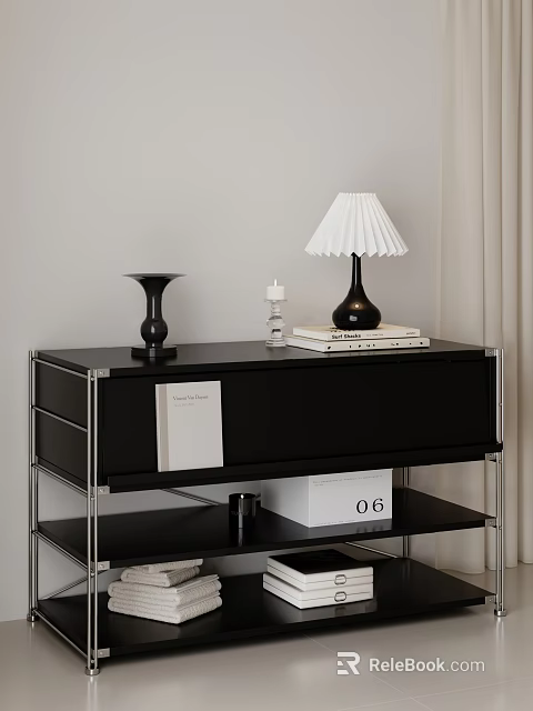 Modern Decorative Ornament Set with Pleated Lamp Vase Candle and Books on Black Cabinet 3d model 