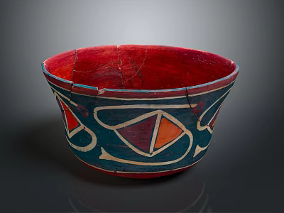 Vintage Red and Blue Decorative Bowl With Geometric Patterns And Cracked Surface 3d model