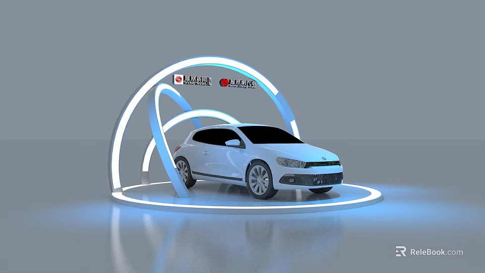 Display Shelves With Curved Illuminated Structure For White Car Exhibition 3d model 