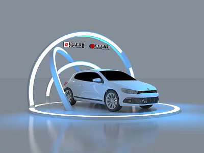 Display Shelves With Curved Illuminated Structure For White Car Exhibition 3d model