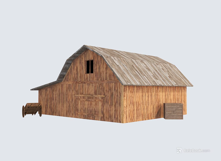Rustic Wooden House With Sloped Roof Small Window And Wooden Cart 3d model 