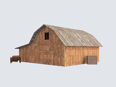 Rustic Wooden House With Sloped Roof Small Window And Wooden Cart 3d model