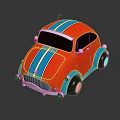 Red And Blue Vintage Car With Stripes Rounded Body And Chrome Details