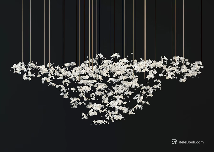 White Floral Cluster Chandelier Hanging With Gold Strings On Black Backdrop 3d model 