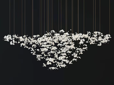 White Floral Cluster Chandelier Hanging With Gold Strings On Black Backdrop 3d model