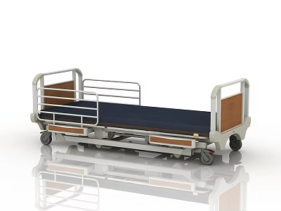 Hospital Ward Medical Bed With Metal Rails Blue Mattress Wooden Headboard And Wheels 3d model