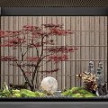 Serene Indoor Landscape With Red Maple Tree Bamboo Screen Round Stone And Moss Decorative Elements 3d model