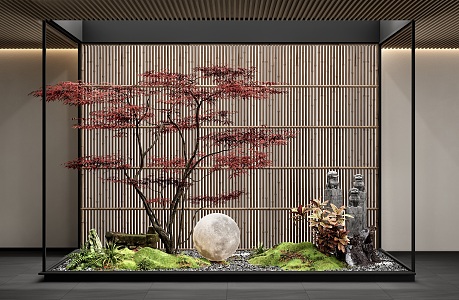 New Chinese Courtyard Sketch Indoor Landscape Landscaping Red Maple Plant Combination Moon Lights Fence Partition 3d model