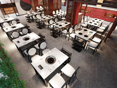 Chinese Style Hot Pot Restaurant Interior With Neatly Arranged Dining Tables And Chairs 3d model