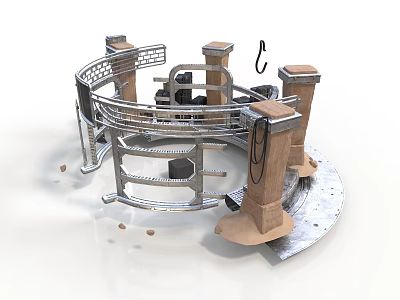 Industrial Equipment Structure With Circular Metal Frame Wooden Pillars And Hook 3d model