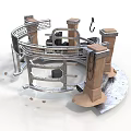 Industrial Equipment Structure With Circular Metal Frame Wooden Pillars And Hook