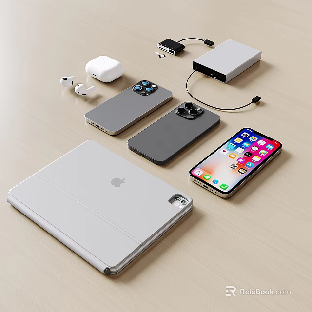 Assorted Mobile Digital Gadgets Including Smartphones Tablet AirPods Charger And Protective Cases 3d model 