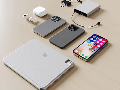 Assorted Mobile Digital Gadgets Including Smartphones Tablet AirPods Charger And Protective Cases 3d model