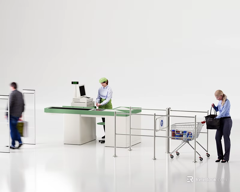 Retail Reception Desk with Staff Cash Register Security Gate and Shopping Cart Shoppers 3d model 