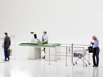Retail Reception Desk with Staff Cash Register Security Gate and Shopping Cart Shoppers 3d model