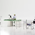 Retail Reception Desk with Staff Cash Register Security Gate and Shopping Cart Shoppers
