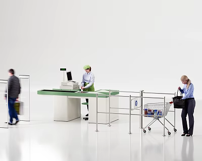 Retail Reception Desk with Staff Cash Register Security Gate and Shopping Cart Shoppers 3d model