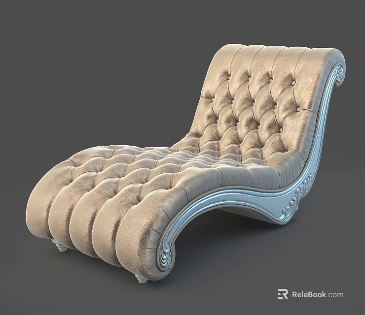 Elegant Tufted Beige Lounge Chair With Curved Frame And Carved Wooden Details 3d model 