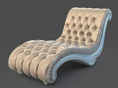 Elegant Tufted Beige Lounge Chair With Curved Frame And Carved Wooden Details 3d model