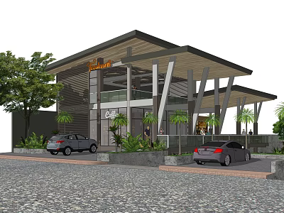 Modern Building Exterior Design With Wooden Roof Large Windows Palm Trees And Parked Cars 3d model