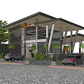 Modern Building Exterior Design With Wooden Roof Large Windows Palm Trees And Parked Cars