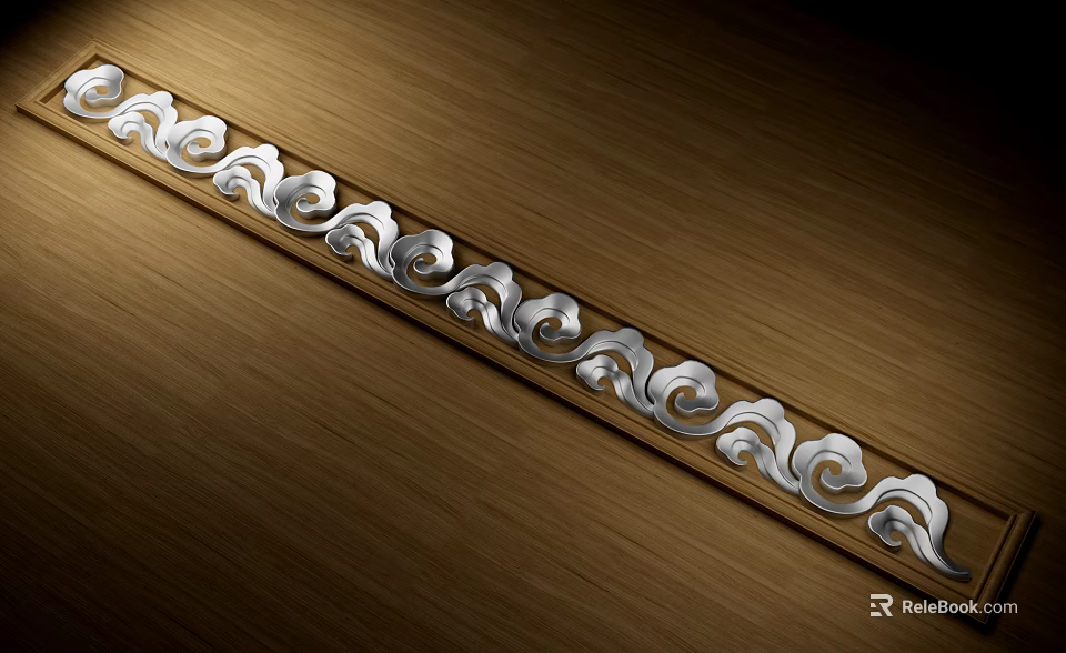 Elegant Metal Carved Decorative Strip With Scroll Patterns On Wooden Surface 3d model 