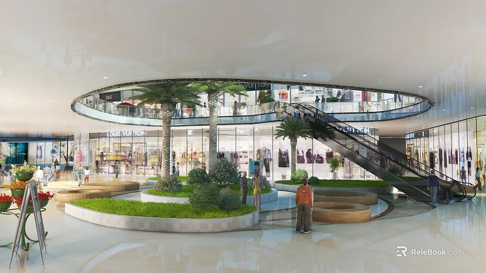 Modern Shopping Mall Lobby With Circular Design Multiple Floors Palm Trees And Staircase 3d model 