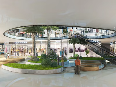 Modern Shopping Mall Lobby With Circular Design Multiple Floors Palm Trees And Staircase 3d model