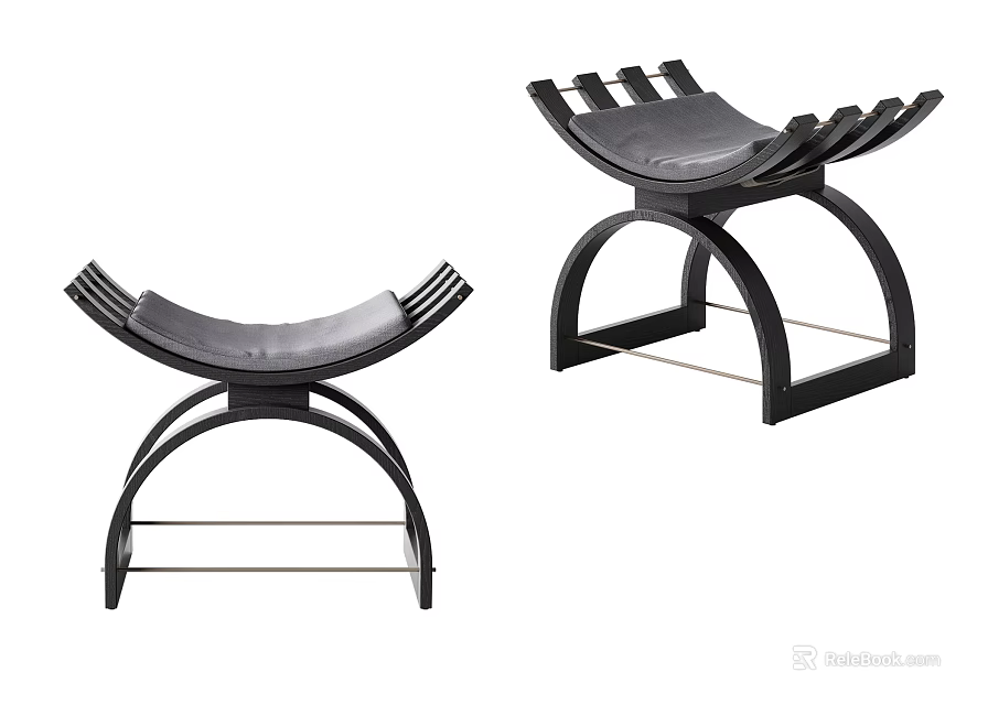 Pair of Modern Black Stools With Curved Frame And Leather Seat Design 3d model 